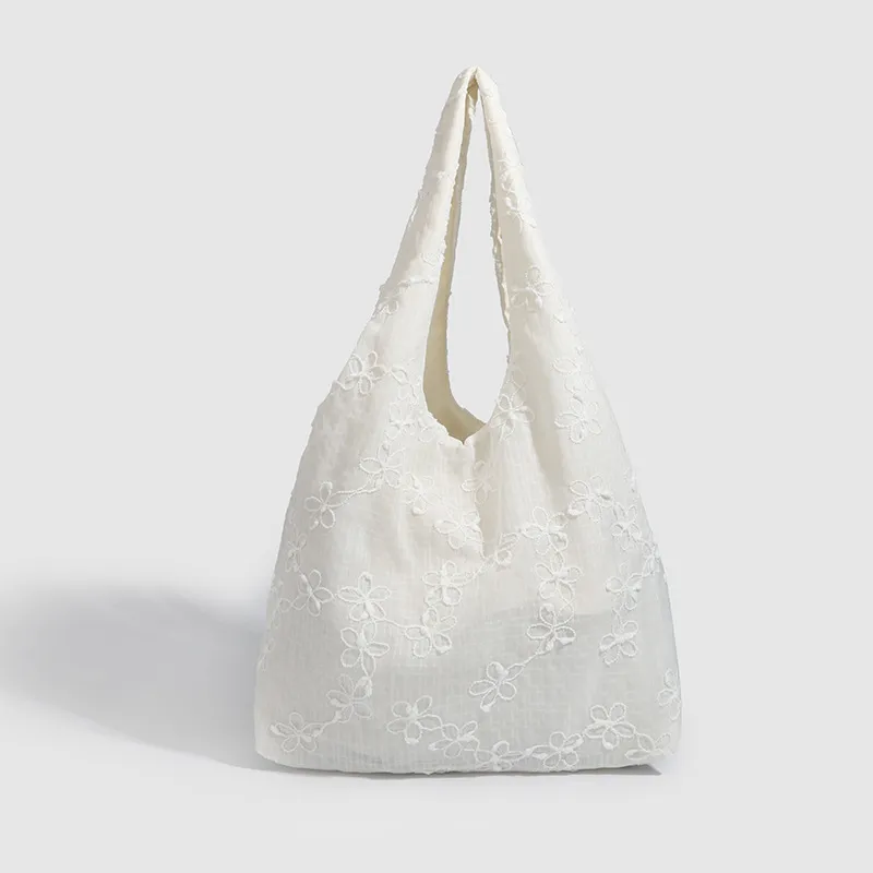NX DOUGHNUT Canvas Bag, Portable Underarm Shoulder Bag, Tote Bag Women's Chiffon Small Flower-3
