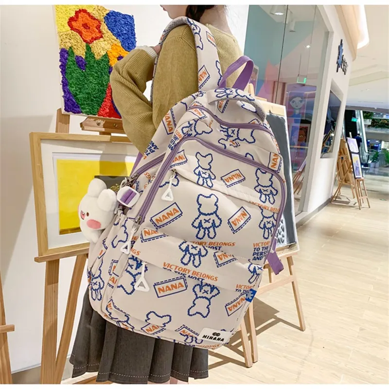 NX DOUGHNUT Nylon Backpack Regular Women's English Bear Ecru Heart Bear Pink Bear Black Bear Cow Pattern-4