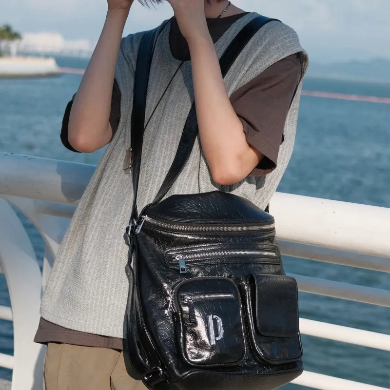 PECO Oil Wax Cow Leather Messenger Bag, Shoulder Bag, Crossbody Bag Unisex Black-1