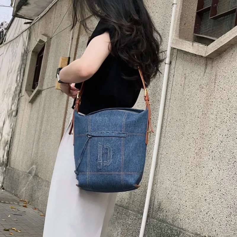 PECO Cow Leather Bucket Bags Shoulder Bag Crossbody Bag Unisex Black/Pink/Denim/White-11