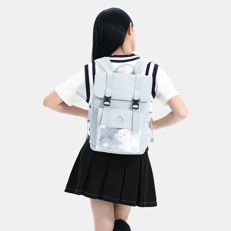 SOSITE Nylon Backpack Medium Size Unisex Candy Blue/Ecru/Coconut Gray-4
