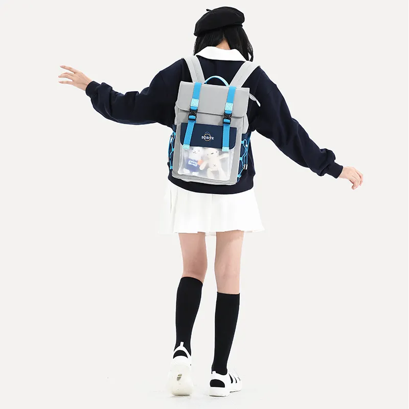 SOSITE Nylon Backpack Medium Size Unisex Candy Blue/Ecru/Coconut Gray-9