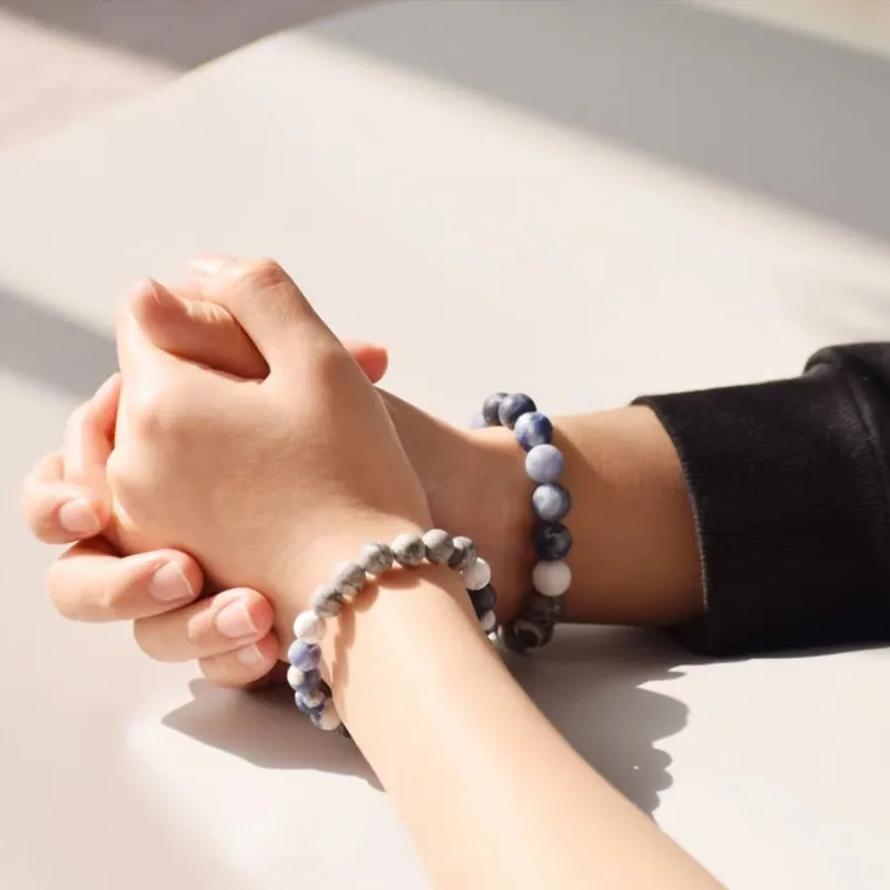 Yu Yin Blue Veined Stone And White Veined Stone Bracelets Unisex-3
