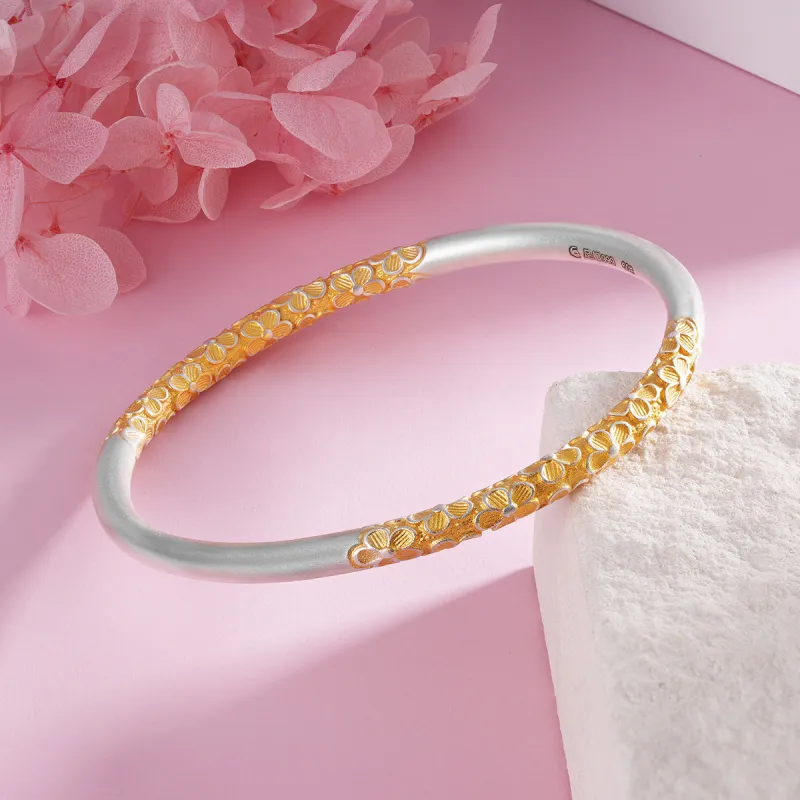 Yu Yin Pure Silver 999 Sterling Silver Fixed End Bangle Women's-2