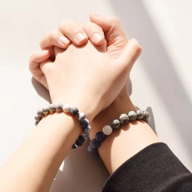 Yu Yin Blue Veined Stone And White Veined Stone Bracelets Unisex-2