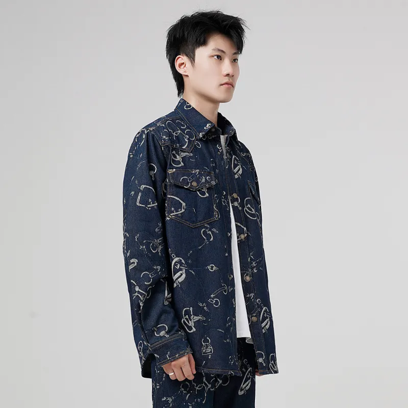23R+ Loose Fit Versatile Long Sleeved Denim Shirt Men's Blue-4