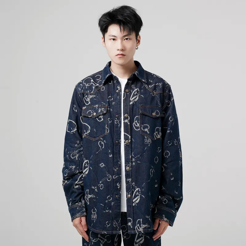 23R+ Loose Fit Versatile Long Sleeved Denim Shirt Men's Blue-2