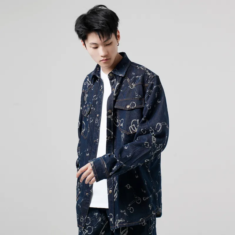 23R+ Loose Fit Versatile Long Sleeved Denim Shirt Men's Blue-5