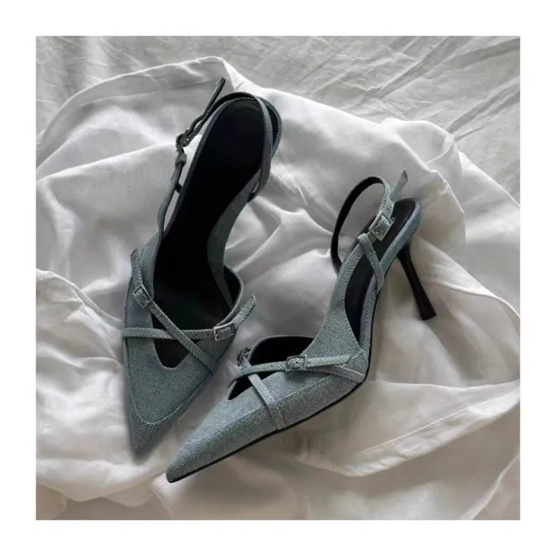 CZRSK Slim Heel High Heels 8CM Women's Denim Blue-3