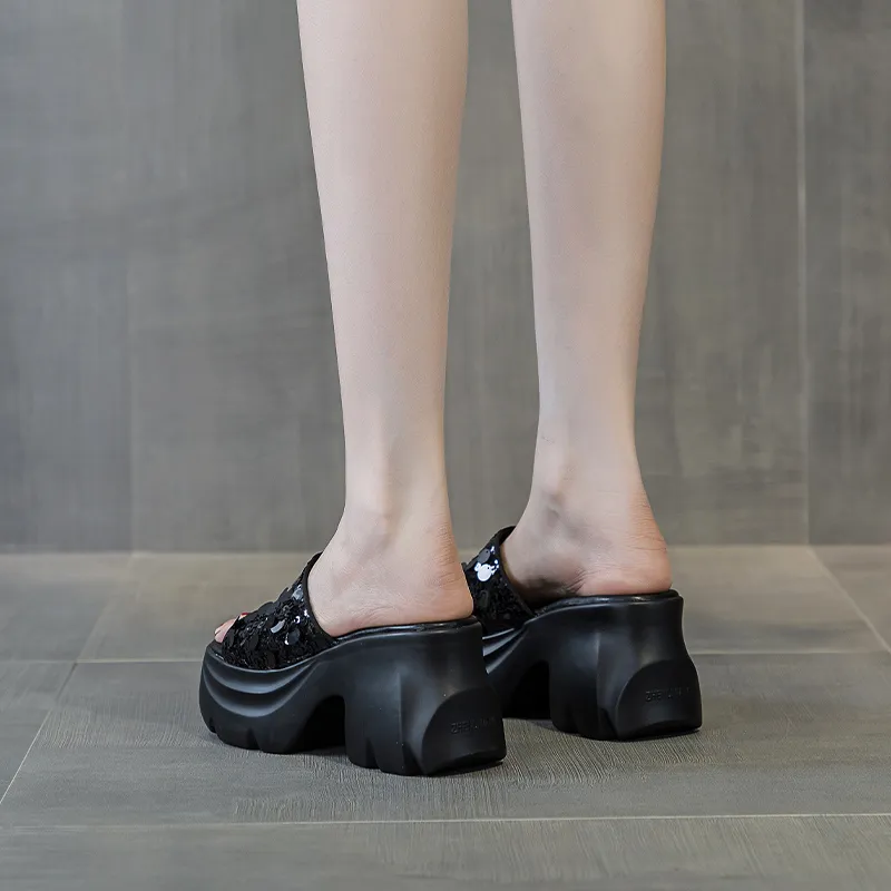 Shangjinni PU Polyurethane Sequins Slip Resistant Abrasion Resistant Slide Slippers Women's-9