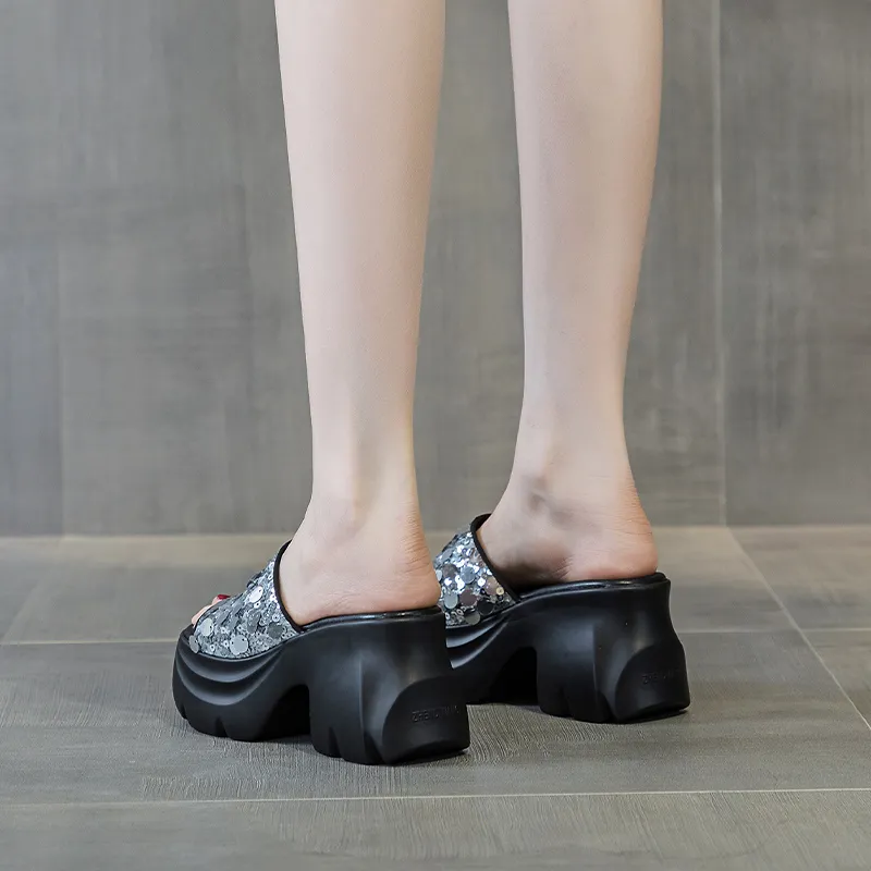 Shangjinni PU Polyurethane Sequins Slip Resistant Abrasion Resistant Slide Slippers Women's-4
