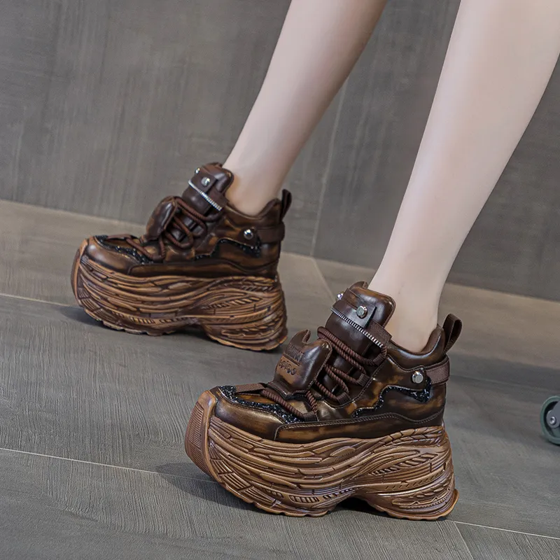 Shangjinni Anti Slip And Wear Resistant Height Increasing Mid Top Chunky Sneakers Women's-4