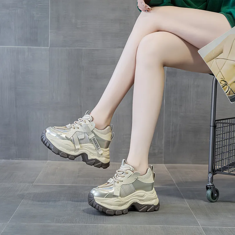 Shangjinni Slip Resistant Lightweight Height Increasing Mid Top Chunky Sneakers Women's-4