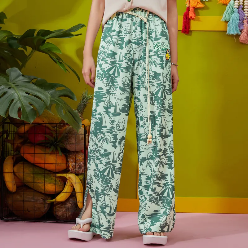 B.Duck Casual Pants Women's Green All Over Print-2