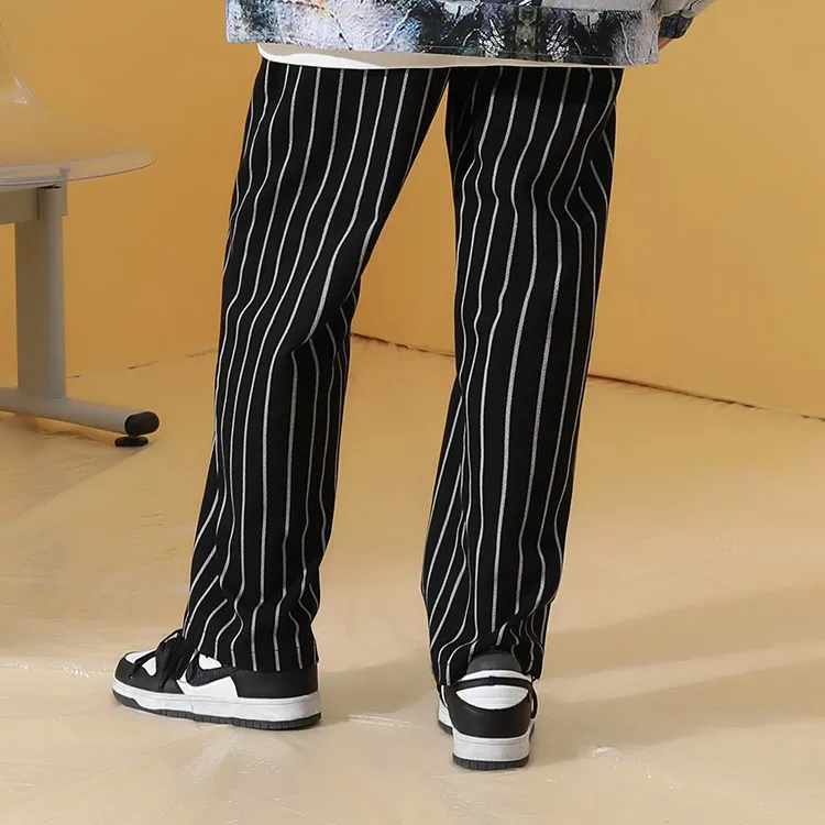 GENANX Casual Pants Unisex Black White Stripes-3