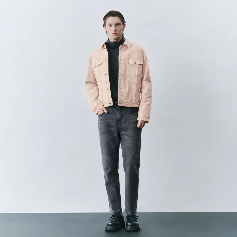 URBAN REVIVO Denim Jacket Men's Gray Pink-4