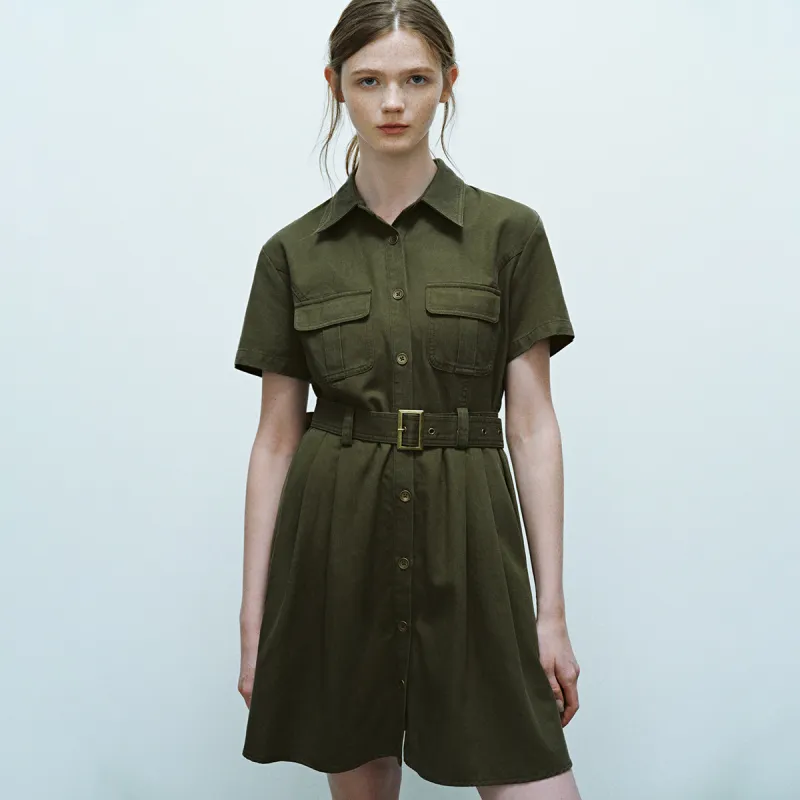 URBAN REVIVO Short Sleeved Dress Women's Olive Green-3