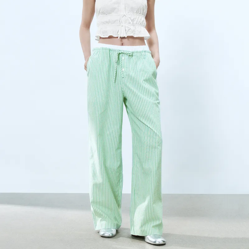 URBAN REVIVO Casual Pants Women's Green Stripes-5
