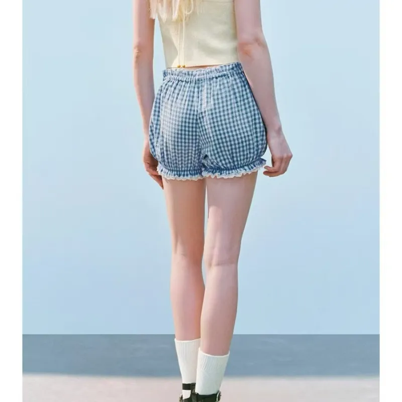 URBAN REVIVO Casual Shorts Women's Sky Blue Plaid-4