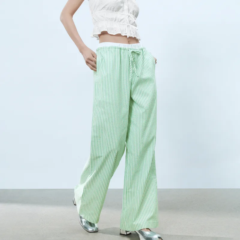 URBAN REVIVO Casual Pants Women's Green Stripes-2