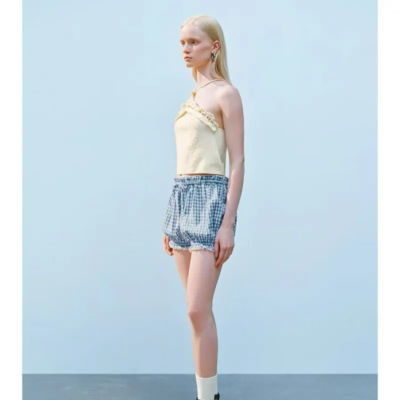 URBAN REVIVO Casual Shorts Women's Sky Blue Plaid-2