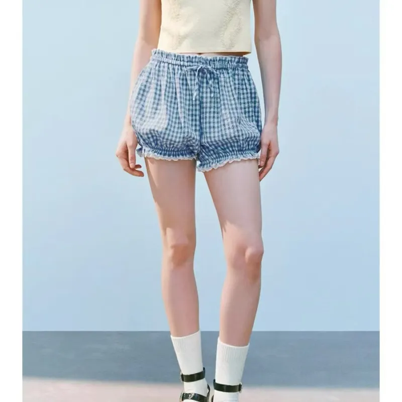 URBAN REVIVO Casual Shorts Women's Sky Blue Plaid-3