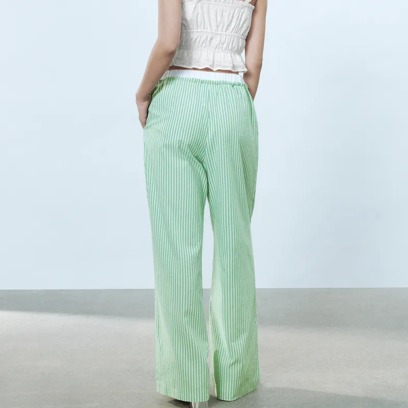 URBAN REVIVO Casual Pants Women's Green Stripes-3
