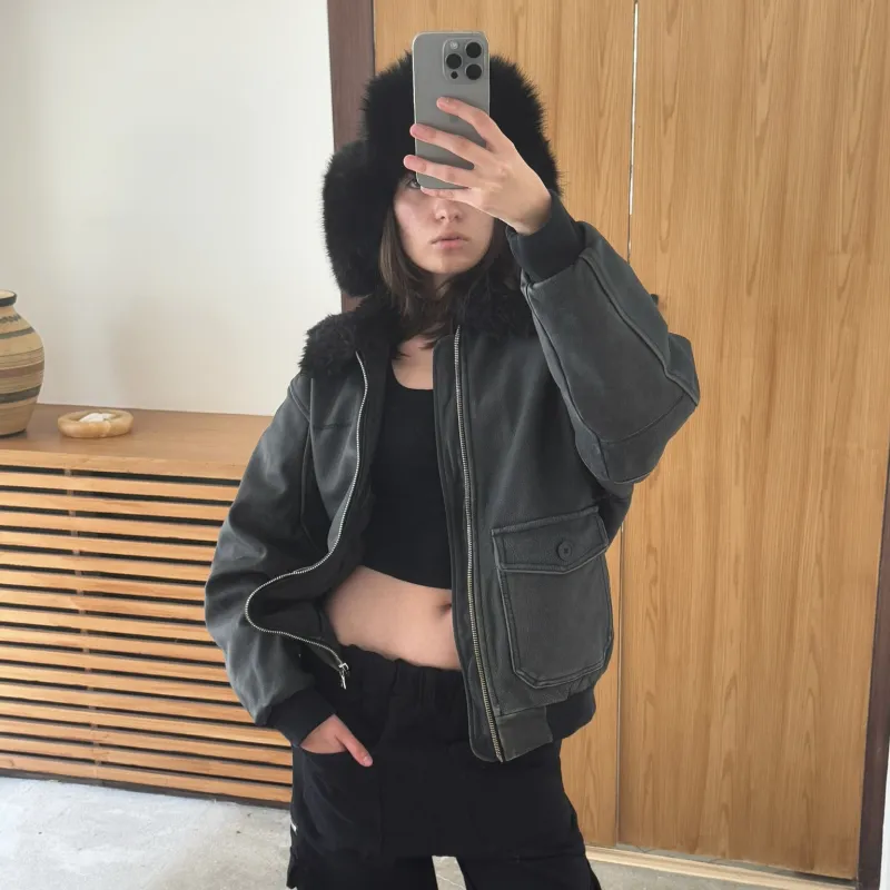 False Perception Leather Jacket Unisex Washed Black-4