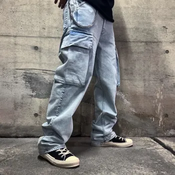 Askyurself Denim Cargo Pants Unisex Washed Blue