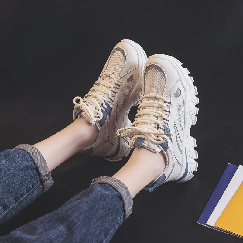 Warrior Abrasion Resistant Breathable Height Increasing Low Top Chunky Sneakers Unisex Beige Blue-9