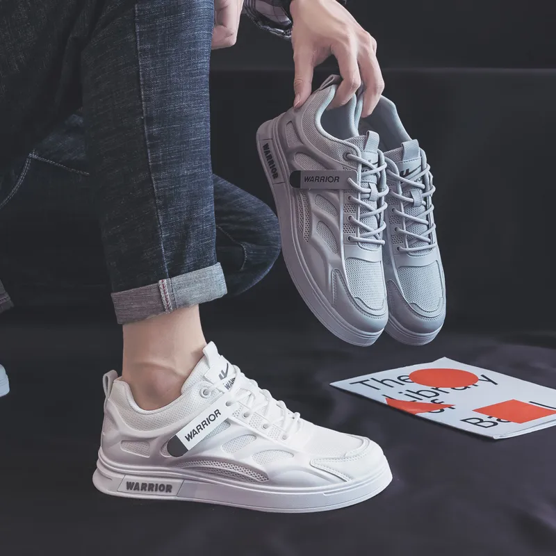 Warrior Mesh Surface White Sneakers Lightweight And Breathable Low Top Skateboard Shoes Men's Gray-6