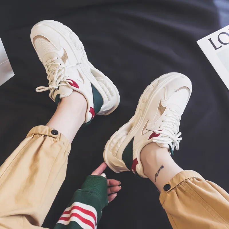 Warrior Students Platform Chunky Sneakers Wear resistant And Lightweight Low Top Casual Shoes Women's Beige Green Red-6