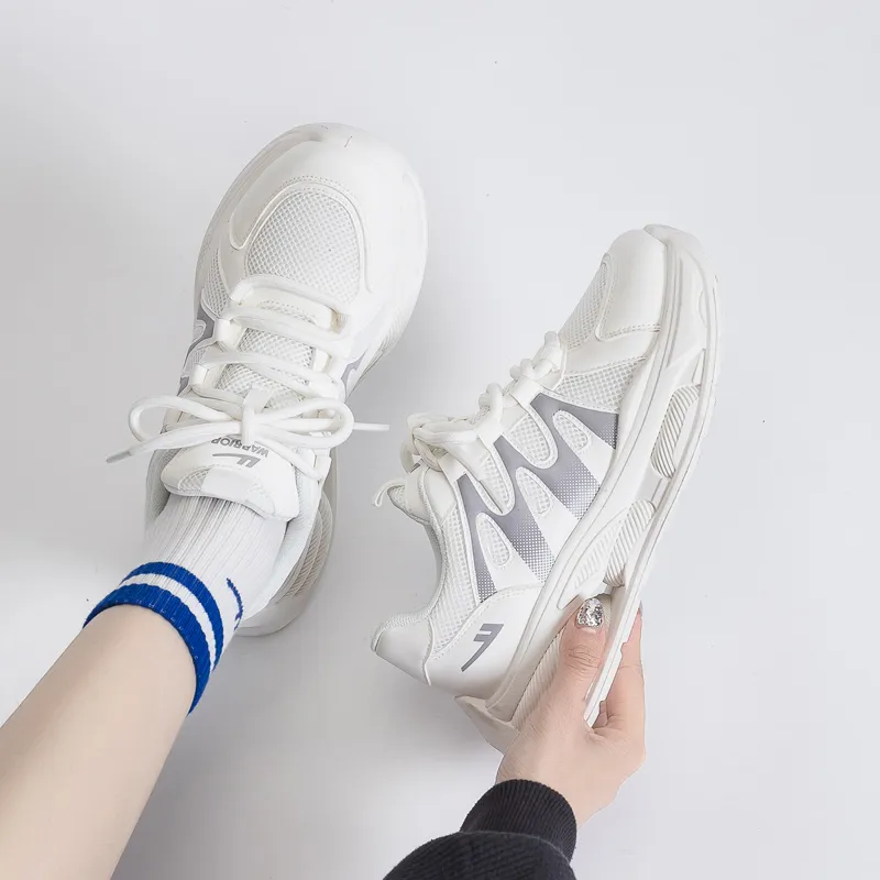 Warrior Students Platform Chunky Sneakers Lightweight And Breathable Low Top Casual Shoes Unisex White Silver-5