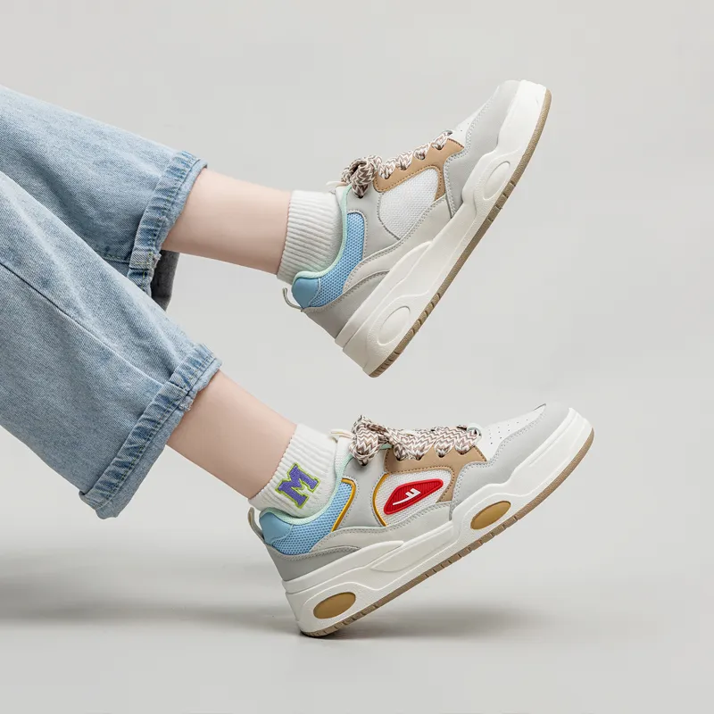 Warrior Preppy Style White Sneakers Wear resistant And Lightweight Low Top Skateboard Shoes Women's Beige Brown Blue-7