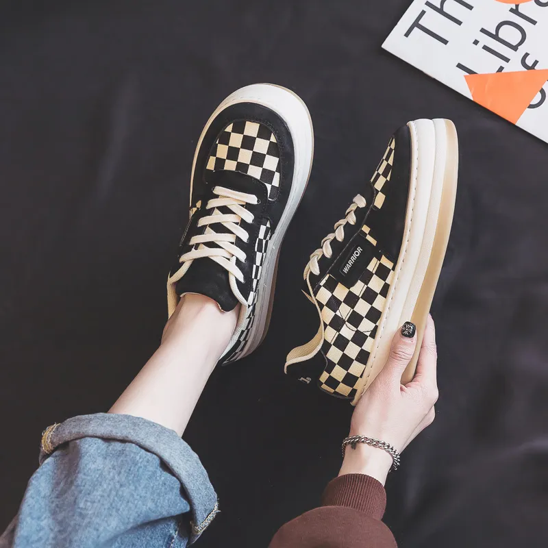Warrior Checkerboard White Sneakers Lightweight Low Top Canvas Shoes Women's Beige Black-12