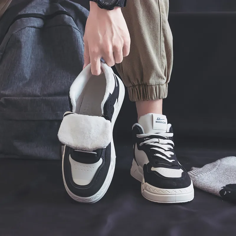 Warrior Thickened And Fleece-Lined Cotton Blend Warm And Lightweight High-Top Skateboard Shoes Unisex Black Beige-9