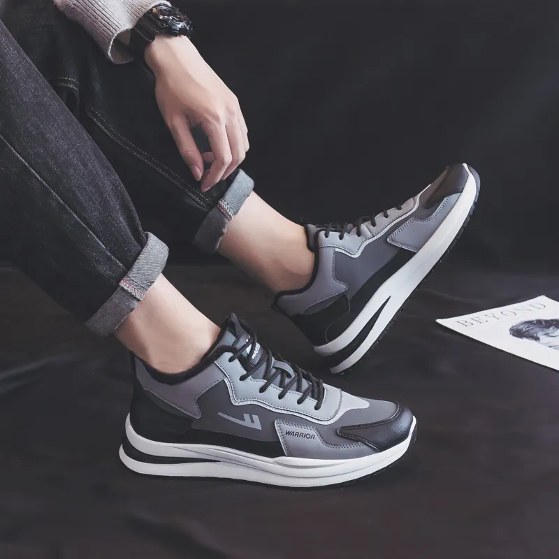 Warrior Warrior Thickened And Fleece Lined Padded Shoes Lightweight Low Top Casual Shoes Men's Black-8