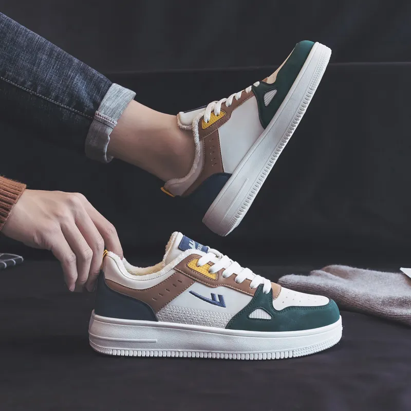 Warrior Fleece Lined White Sneakers Warm And Lightweight Low Top Skateboard Shoes Men's Beige Green-7