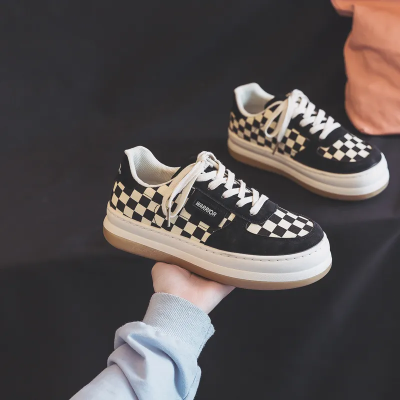 Warrior Checkerboard White Sneakers Lightweight Low Top Canvas Shoes Women's Beige Black-4