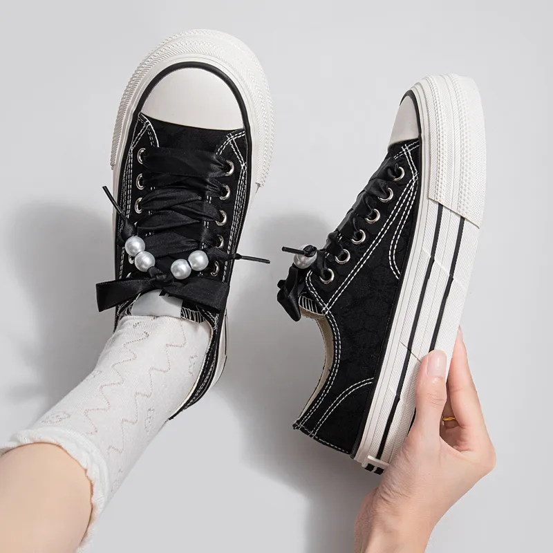 Warrior Platform White Sneakers Canvas Shoes Women's Black-5