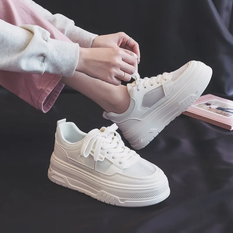 Warrior Student Platform White Sneakers Lightweight And Breathable Low Top Skateboard Shoes Women's Beige-8