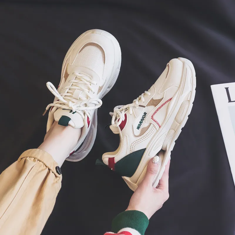 Warrior Students Platform Chunky Sneakers Wear resistant And Lightweight Low Top Casual Shoes Women's Beige Green Red-5