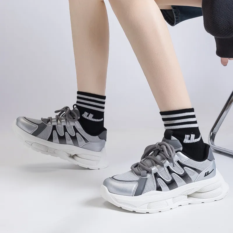 Warrior Students Platform Chunky Sneakers Lightweight And Breathable Low Top Casual Shoes Unisex Silver Black-9