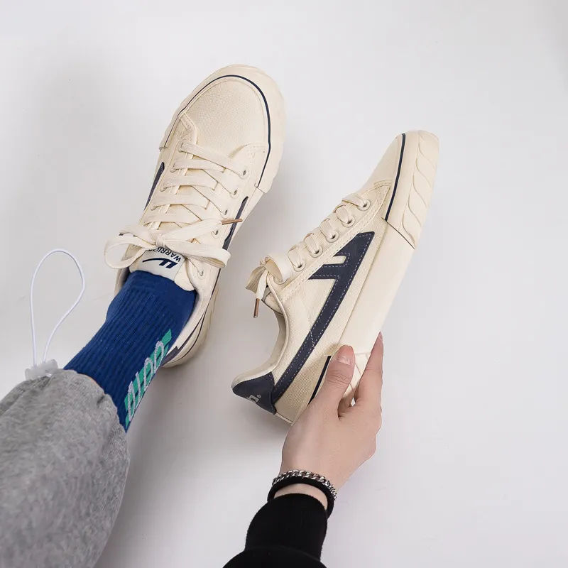 Warrior Breathable And Lightweight Low Top Canvas Shoes Unisex Beige Dark Blue-4
