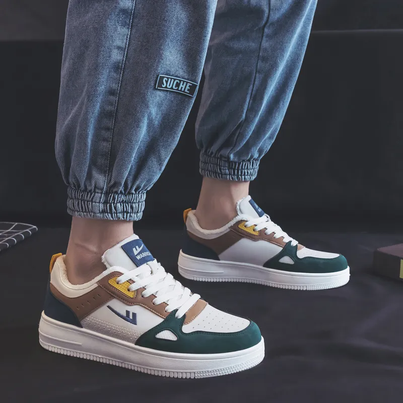 Warrior Fleece Lined White Sneakers Warm And Lightweight Low Top Skateboard Shoes Men's Beige Green-9
