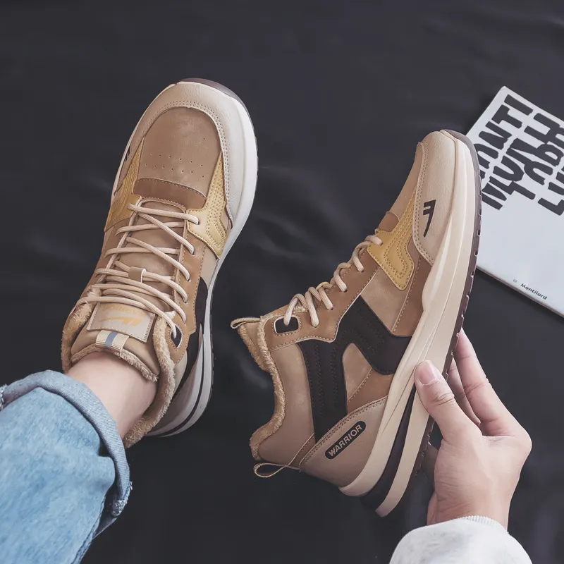 Warrior Thickened And Fleece Lined Padded Shoes Lightweight Wear Resistant And Warm High Top Casual Shoes Men's Khaki-5