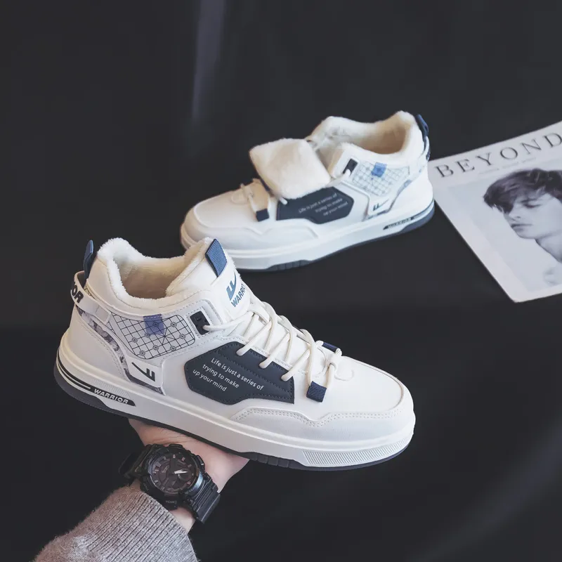 Warrior Thickened And Fleece Lined Cotton Blend Warm And Lightweight High Top Skateboard Shoes Men's Beige Blue-5