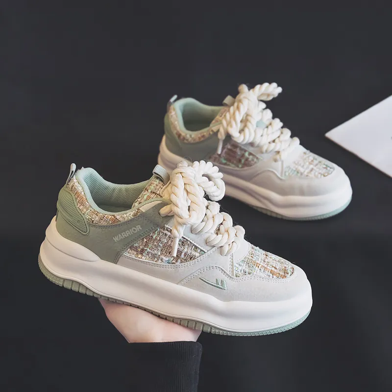 Warrior Chanel Inspired White Sneakers Wear resistant And Lightweight Low Top Skateboard Shoes Women's Beige Green-5
