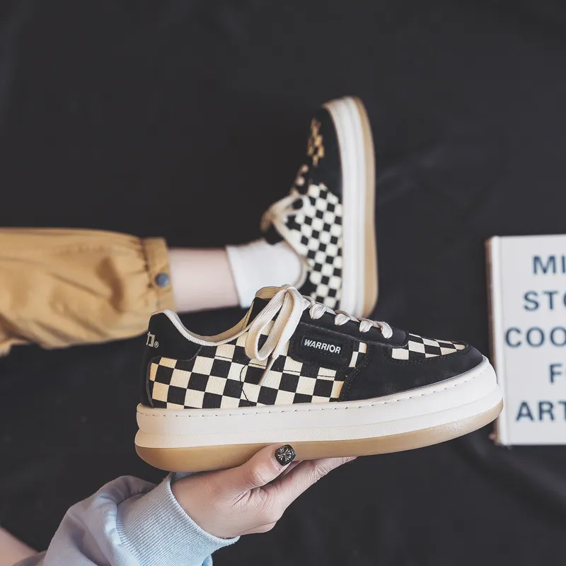 Warrior Checkerboard White Sneakers Lightweight Low Top Canvas Shoes Women's Beige Black-6