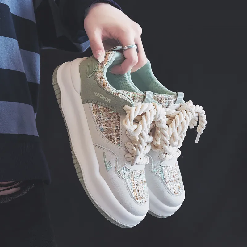 Warrior Chanel Inspired White Sneakers Wear resistant And Lightweight Low Top Skateboard Shoes Women's Beige Green-10
